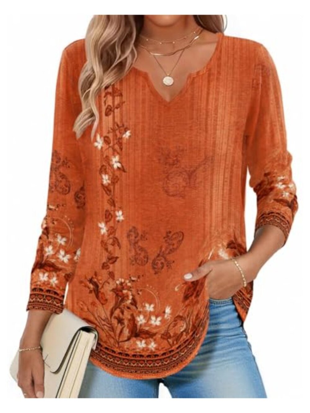 Women's Long Sleeve V-Neck Boho Tunic Top - Casual Dressy Blouse